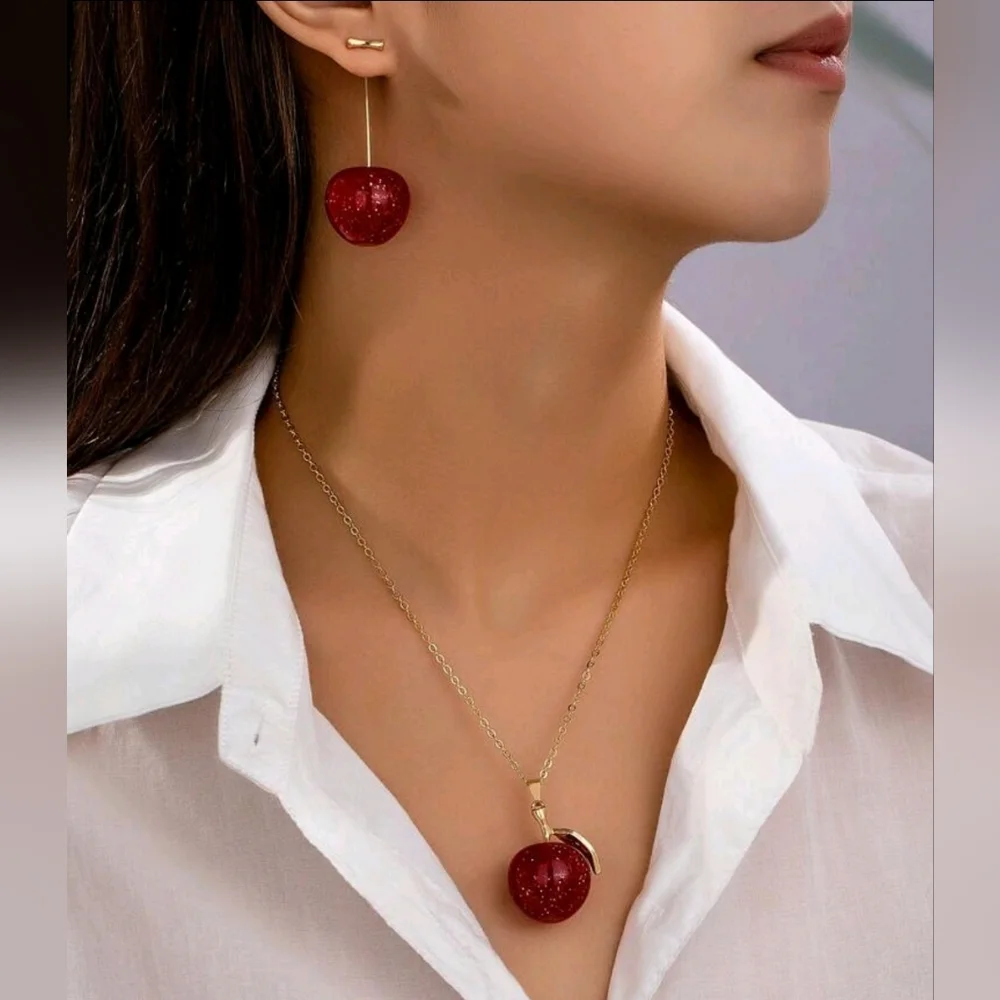 Cherry Pendant Necklace and Earring Set. - Picture 2 of 3